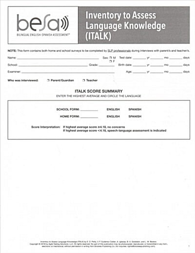 Inventory to Assess Language Knowledge (Italk) (Paperback)