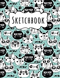 Sketchbook: Cats Faces Sketchbook For Kids, 8.5 x 11, 120 Pages, Large Blank Cool Sketchbook Pattern On A Blue Background For Dr (Paperback)