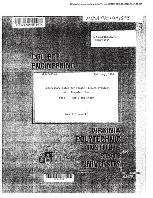 Convergence Rates for Finite Element Problems with Singularities. Part 1: Antiplane Shear. [crack] (Paperback)