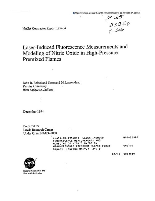 Laser Induced Fluorescence Measurements and Modeling of Nitric Oxide in High-Pressure Premixed Flames (Paperback)