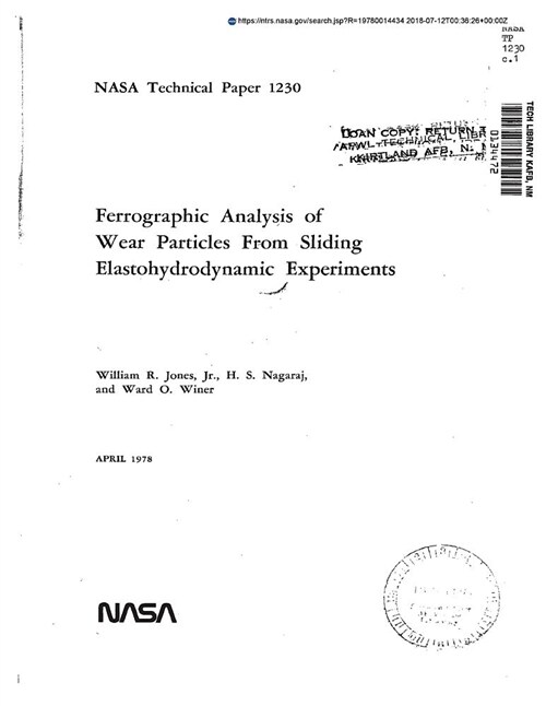 Ferrographic Analysis of Wear Particles from Sliding Elastohydrodynamic Experiments (Paperback)