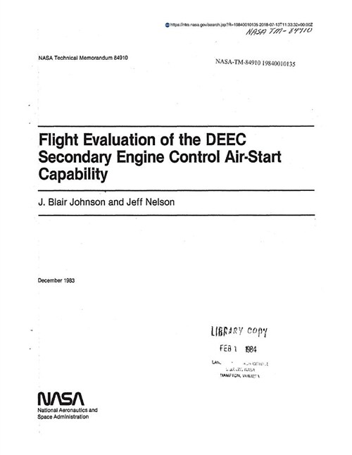 Flight Evaluation of the Deec Secondary Control Air-Start Capability (Paperback)