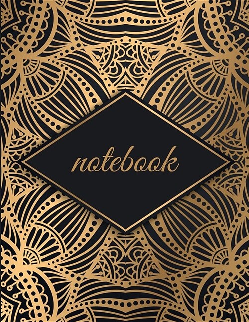 Notebook: Unlined Plain Glam Notes Large (8.5 X 11 Inches) Letter Size 120 Pages Luxury Golden Mandala on Black Soft Cover (Paperback)