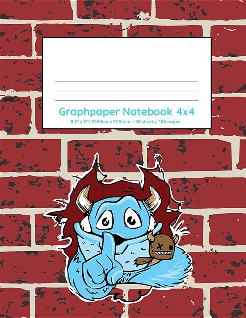 Graphpaper Notebook 4x4: Cute Monster Breaking Through Wall Design 100 Pages of Graph Paper with Bigger Squares for Younger Students (Paperback)