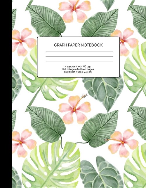 Graph Paper Notebook: Blank Math Composition Book Quad Ruled 4 X 4 (.25) with Half College Ruled Pages Tropical Jungle (Paperback)