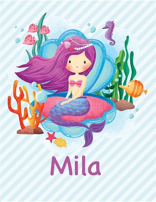 Mila: Mermaid Notebook for Girls 8.5x11 Wide Ruled Blank Lined Journal Personalized Diary Gift (Paperback)