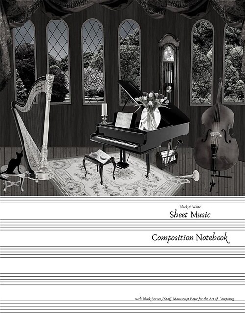 Black & White Sheet Music Composition Notebook with Blank Staves / Staff Manuscript Paper for the Art of Composing: Twelve Plain Horizontal Lines Jour (Paperback)