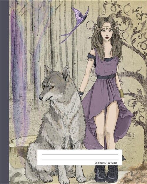 Composition Notebook Wide Ruled - Wild Dire Wolf & Elf Princess: School Exercise Book 150 Lined Pages (Paperback)