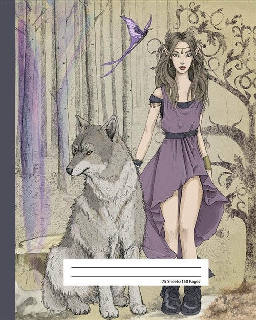 Composition Notebook College Ruled - Wild Dire Wolf & Elf Princess: School Exercise Book 150 Lined Pages (Paperback)