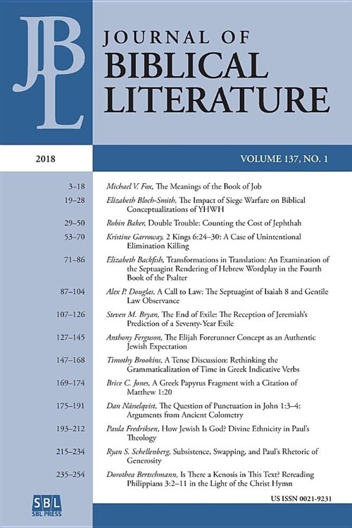 Journal of Biblical Literature 137.1 (2018) (Paperback)