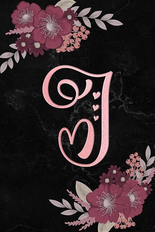I: Initial I Monogram Journal Notebook for Women, Girls, Artistic Rose Gold Letter, Pink Floral Flowers, Black Marble Bac (Paperback)