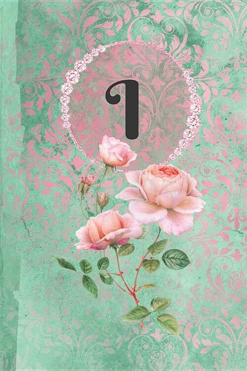 Personalized Monogrammed Letter I Journal: White Paper with Green and Pink Damask Lace with Roses on Glossy Cover (Paperback)