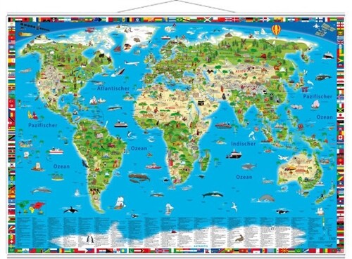 Erlebniskarte illustrierte Weltkarte, Planokarte, Metall-beleistet (Sheet Map)