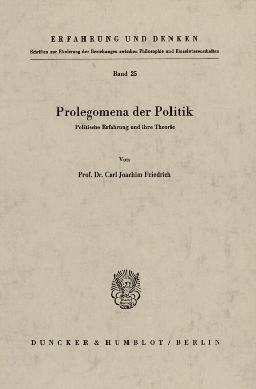 Prolegomena Der Politik: Politische Erfahrung Und Ihre Theorie (Paperback)