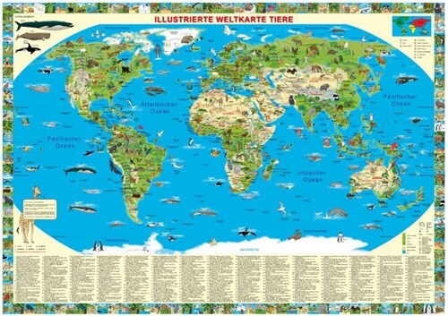 Illustrierte Weltkarte Tiere, Posterkarte (Sheet Map)