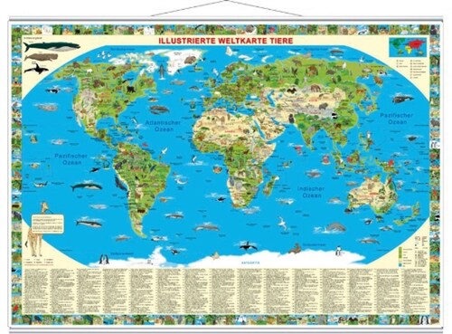 Illustrierte Weltkarte Tiere, Planokarte, metall-beleistet (Sheet Map)