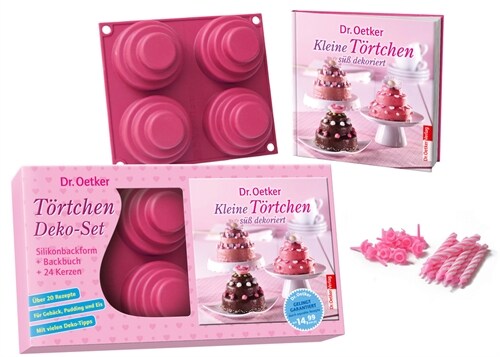 Kleine Tortchen suß dekoriert: Deko-Set mit Silikonbackform + Backbuch + 24 Partykerzen (Hardcover)