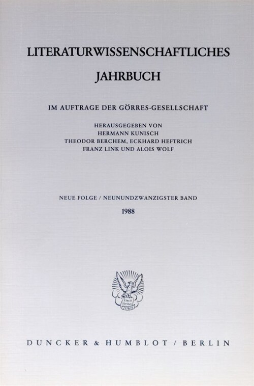 Literaturwissenschaftliches Jahrbuch: 29. Band (1988) (Paperback)