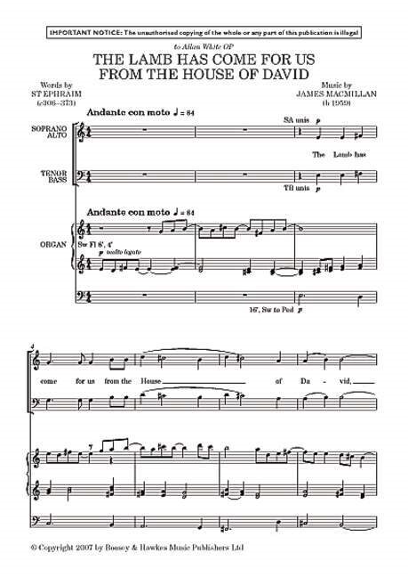 The Lamb has come for us from the House of David, Orgelauszug (Sheet Music)