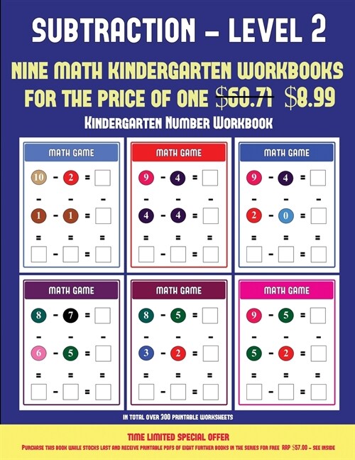 Kindergarten Number Workbook (Kindergarten Subtraction/Taking Away Level 2): 30 Full Color Preschool/Kindergarten Subtraction Worksheets (Includes 8 P (Paperback)