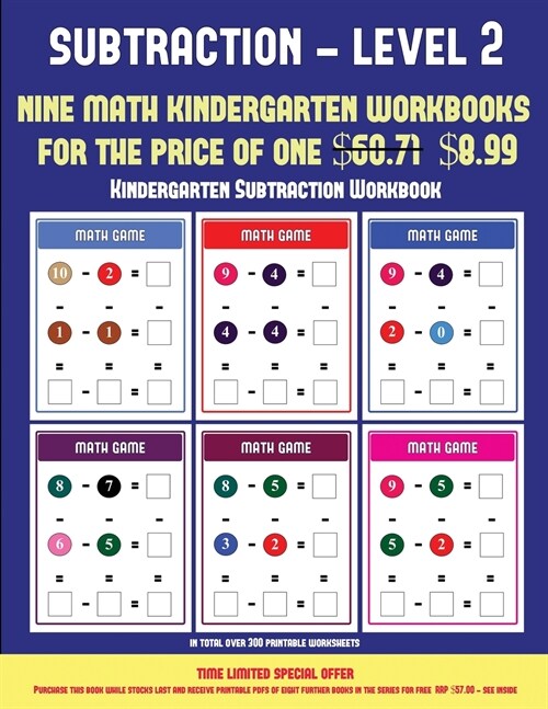 Kindergarten Subtraction Workbook (Kindergarten Subtraction/Taking Away Level 2): 30 Full Color Preschool/Kindergarten Subtraction Worksheets (Include (Paperback)