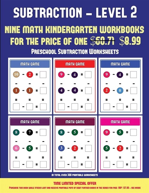 Preschool Subtraction Worksheets ((Kindergarten Subtraction/Taking Away Level 2): 30 Full Color Preschool/Kindergarten Subtraction Worksheets (Include (Paperback)