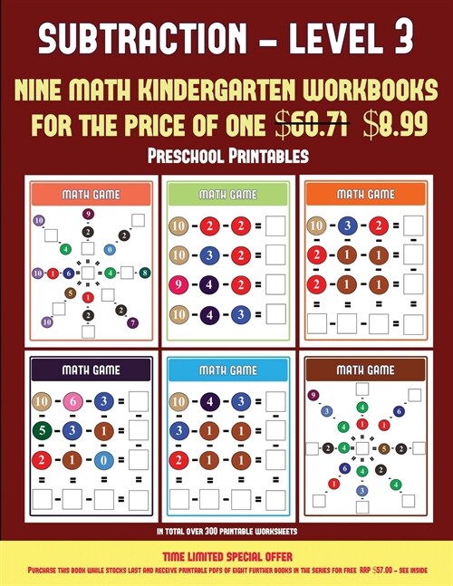 Preschool Printables (Kindergarten Subtraction/Taking Away Level 3): 30 Full Color Preschool/Kindergarten Subtraction Worksheets (Includes 8 Printable (Paperback)