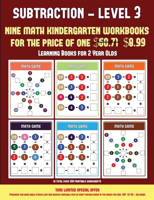 Learning Books for 2 Year Olds (Kindergarten Subtraction/Taking Away Level 3): 30 Full Color Preschool/Kindergarten Subtraction Worksheets (Includes 8 (Paperback)