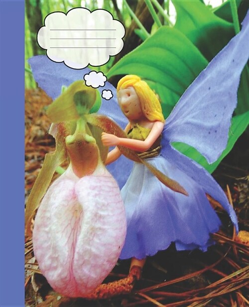 Periwinkle Blue Fairy & Pink Lady Slipper Blank Wide-ruled Lined School Composition Notebook (Paperback)