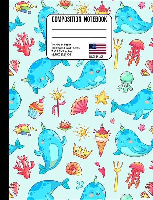 Composition Notebook 4X4 Graph Paper: Cute Marine Kawaii Unicorn Back to School Composition Book for Teachers, Students, Kids and Teens (Paperback)