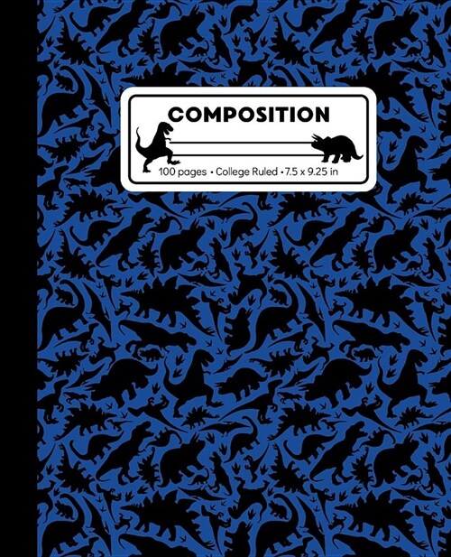 Composition: College Ruled Writing Notebook, Blue Dinosaur T-Rex Pattern Marbled Blank Lined Book (Paperback)