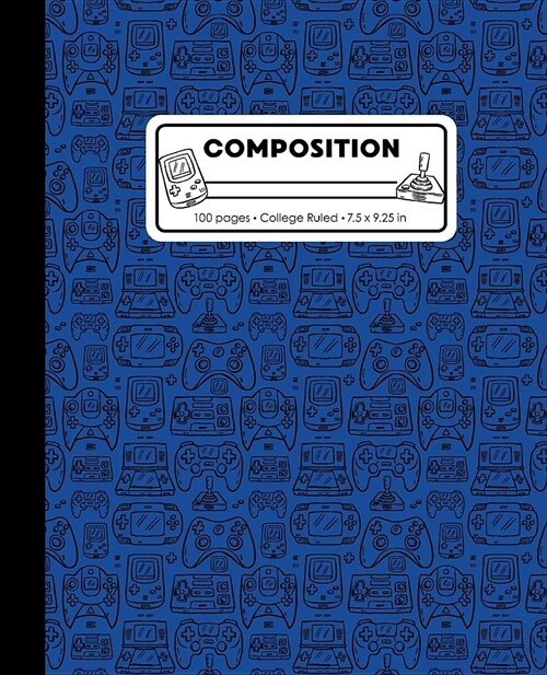 Composition: College Ruled Writing Notebook, Blue Video Game Controller Outline Pattern Marbled Blank Lined Book (Paperback)