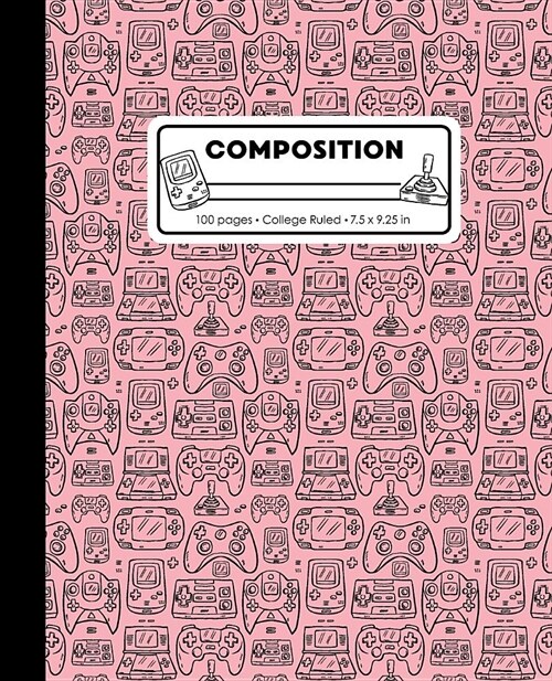 Composition: College Ruled Writing Notebook, Rose Pink Video Game Controller Outline Pattern Marbled Blank Lined Book (Paperback)