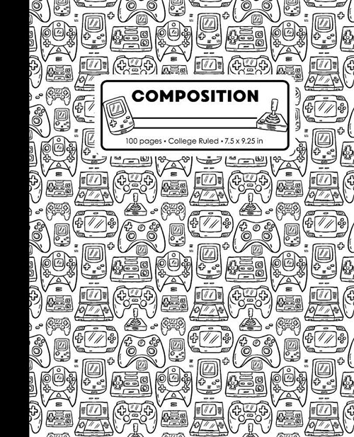 Composition: College Ruled Writing Notebook, Black and White Video Game Controller Outline Pattern Marbled Blank Lined Book (Paperback)