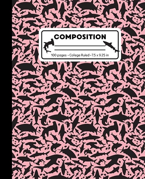 Composition: College Ruled Writing Notebook, Rose Pink Shark Pattern Marbled Blank Lined Book (Paperback)