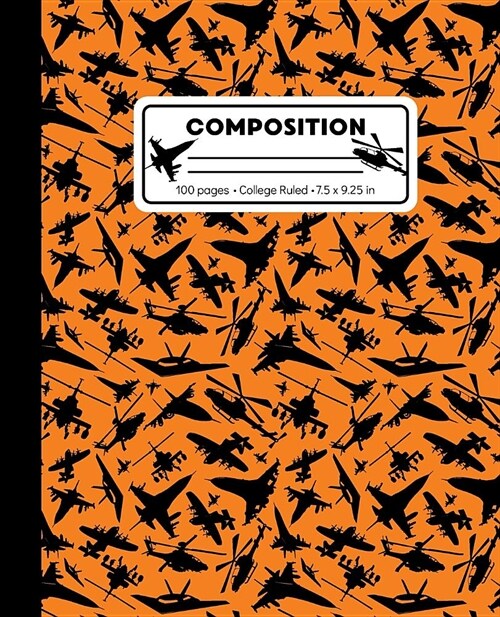 Composition: College Ruled Writing Notebook, Orange Airplane Jet Pattern Marbled Blank Lined Book (Paperback)