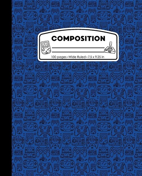 Composition: Wide Ruled Writing Notebook, Blue Video Game Controller Outline Pattern Marbled Blank Lined Book (Paperback)