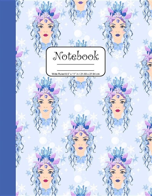 Notebook Wide Ruled 8.5 x 11 in / 21.59 x 27.94 cm: Composition Book, Mermaid Faces in Blue and Purple Cover with Seashells, C861 (Paperback)