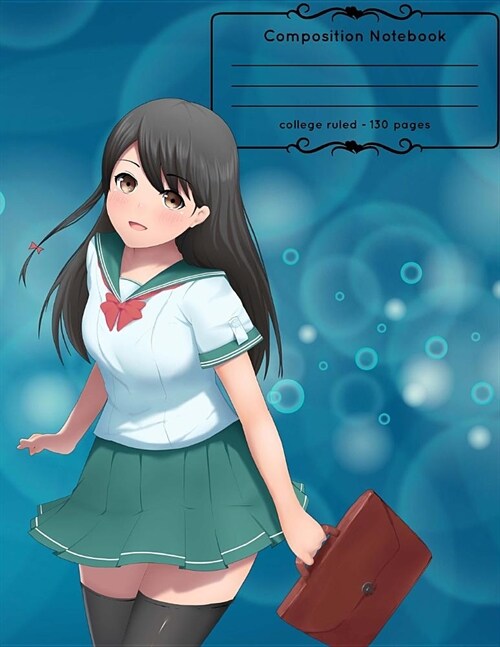 Cute Japanese Anime Girl with Briefcase Large Composition: 8.5x11in one subject notebook college ruled manga fun trendy adorable journal diary back to (Paperback)