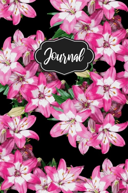 Journal: A 6 X 9 Pink Floral with Black Background Blank Lined Journal (Paperback)