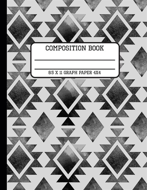 Composition Book Graph Paper 4x4: Trendy Tribal Watercolor Monochromatic Back to School Quad Writing Notebook for Students and Teachers in 8.5 x 11 In (Paperback)