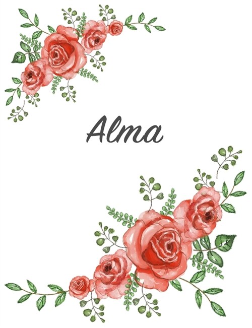 Alma: Personalized Composition Notebook - Vintage Floral Pattern (Red Rose Blooms). College Ruled (Lined) Journal for School (Paperback)