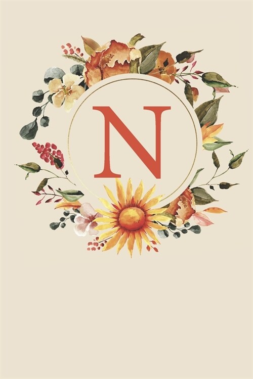 N: Fall Sunflower Monogram Sketchbook - 110 Sketchbook Pages (6 x 9) - Floral Watercolor Monogram Sketch Notebook - Perso (Paperback)