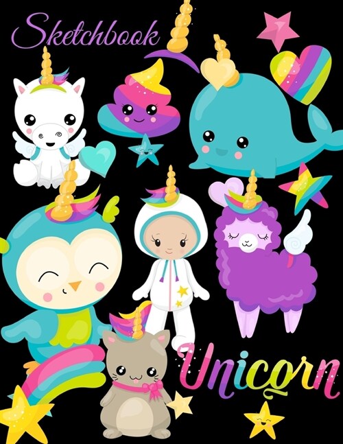 Sketchbook: A Kawaii Black Cute Wannabe Unicorn Rainbow Japanese Theme Large 8.5 X 11 Personalized Artist Sketch Book Notebook, Wo (Paperback)