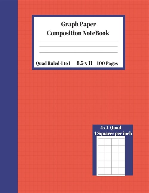 Graph Composition Notebook 4 Squares per inch 4x4 Quad Ruled 4 to 1 / 8.5 x 11 100 Sheets: Cute Red Cover Blue Stripe Gift Book /Grid Squared Paper Ba (Paperback)