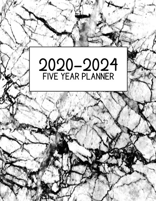 2020-2024 Five Year Planner: Jan 2020-Dec 2024, 5 Year Planner, white, grey, black marble digital paper cover, featuring 2020-2024 Overview, daily, (Paperback)