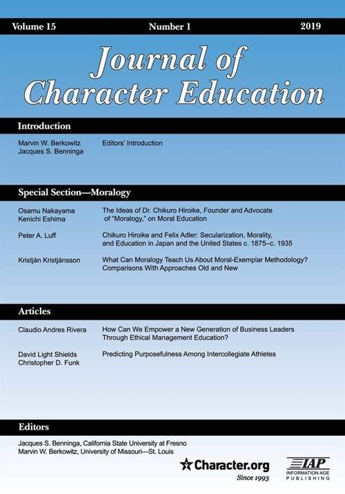 Journal of Character Education Volume 15 Number 1 2019 (Paperback)