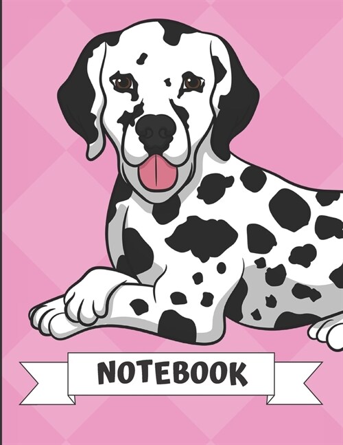 Notebook: Cute Dalmatian Dog Sitting Cartoon on a Pink Diamond Background. Book is Filled with Lined Journal Paper for Notes and (Paperback)