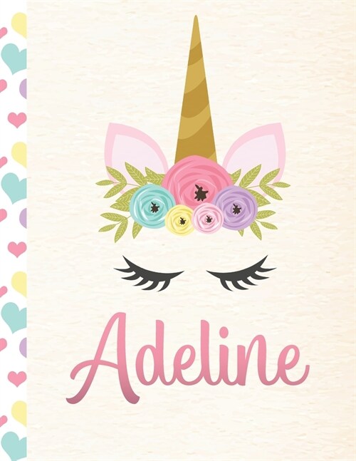 Adeline: Personalized Unicorn Primary Story Journal For Girls With Pink Name - Half Ruled Dotted Midline and Blank Picture Spac (Paperback)