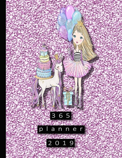 365 Planner: Large pink glitter girl and unicorn organiser planner 2019 professional diary - page per day - Journal - organiser - j (Paperback)